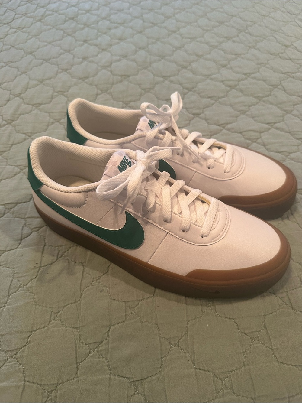 Nike White Sneakers with Green Swoosh and Gum Brown Sole